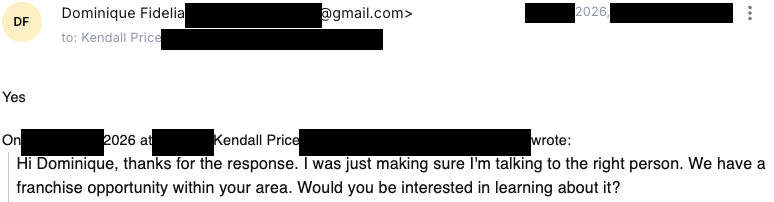 Verified franchise buyer email reply