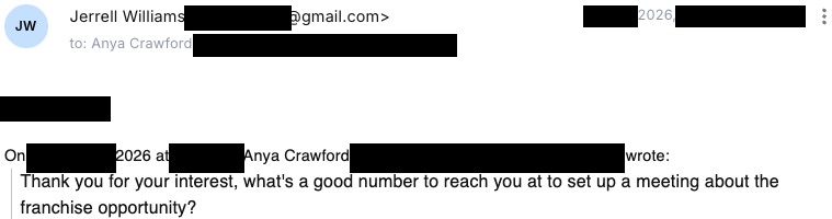 Verified franchise buyer email reply