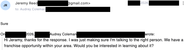 Verified franchise buyer email reply