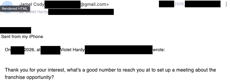 Verified franchise buyer email reply
