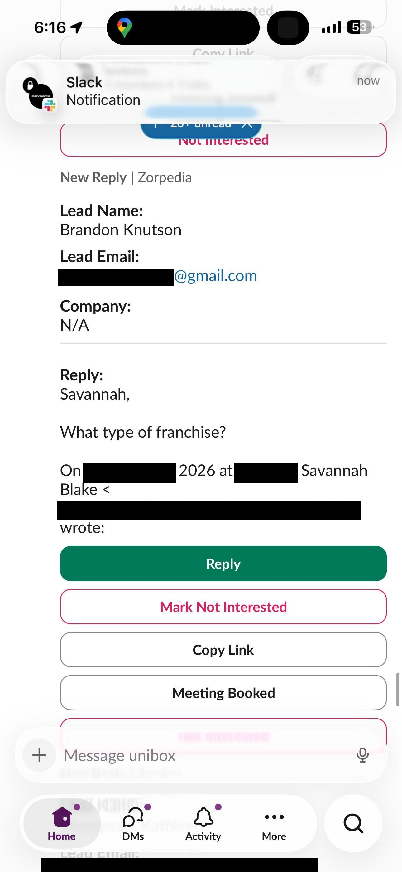 Slack notification of a new verified franchise buyer reply