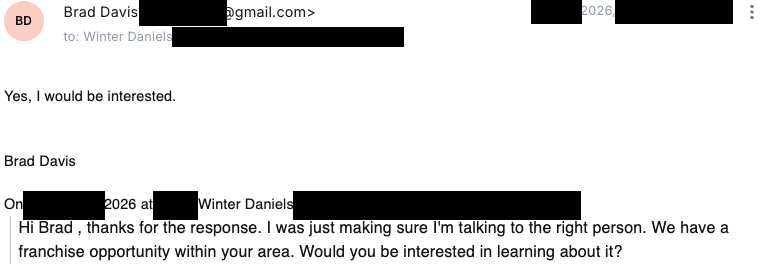 Verified franchise buyer email reply
