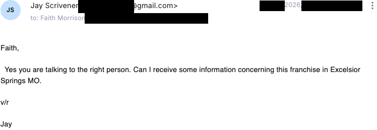 Verified franchise buyer email reply