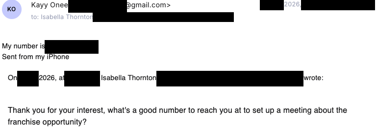 Verified franchise buyer email reply