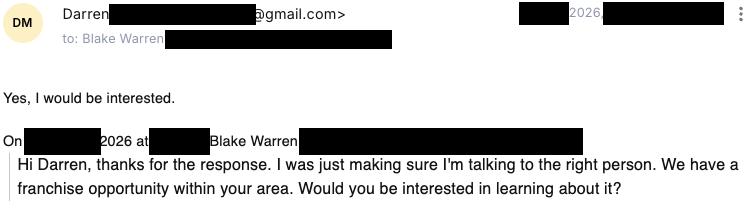 Verified franchise buyer email reply
